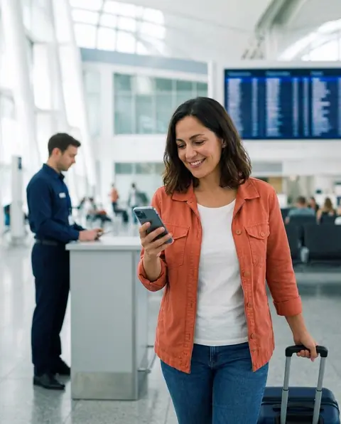 Viajera aliviada revisando su reclamación de compensación de vuelo preparada en su móvil