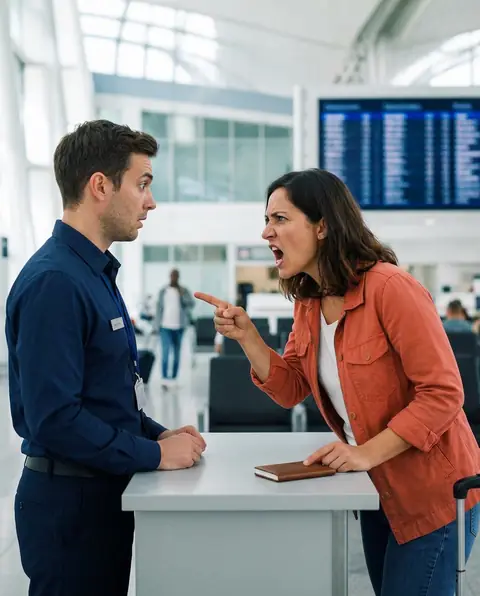 Viajero enfadado gritando al personal del aeropuerto tras una incidencia en su vuelo