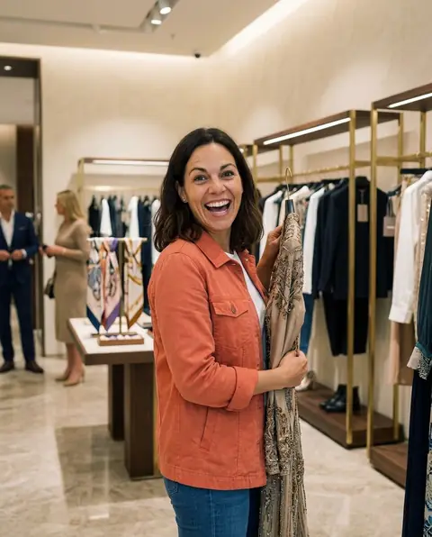 Viajera feliz comprando ropa elegante en una boutique tras una reclamación exitosa
